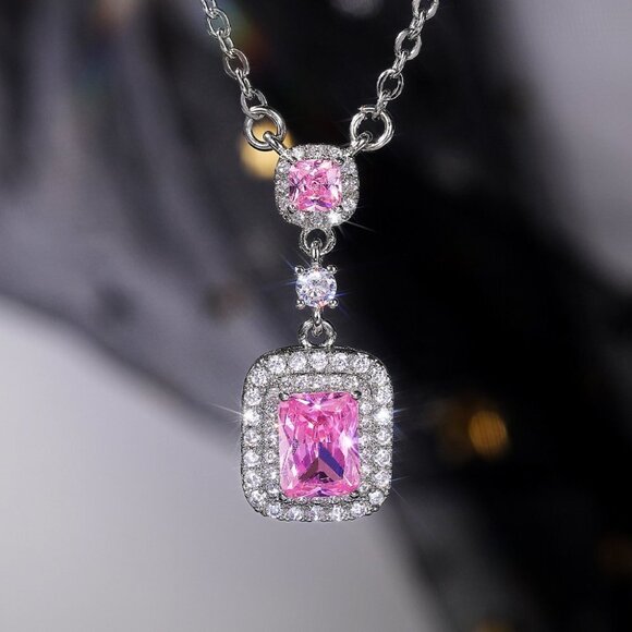 💥Double Royal Pink Zircon Luxury Necklace for Women, UNVN12411 - Picture 3 of 4